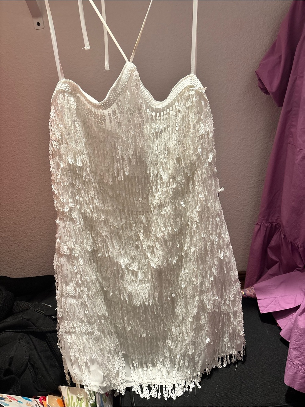 B Darlin White Sequin Spaghetti Strap Slip